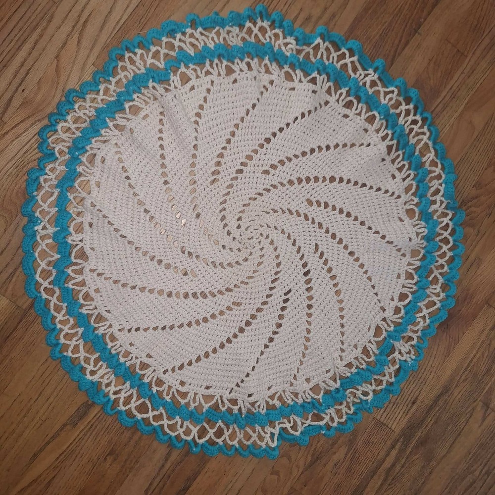 34" Crochet Round Table Cover Turquoise Teal Large Handmade Doilie